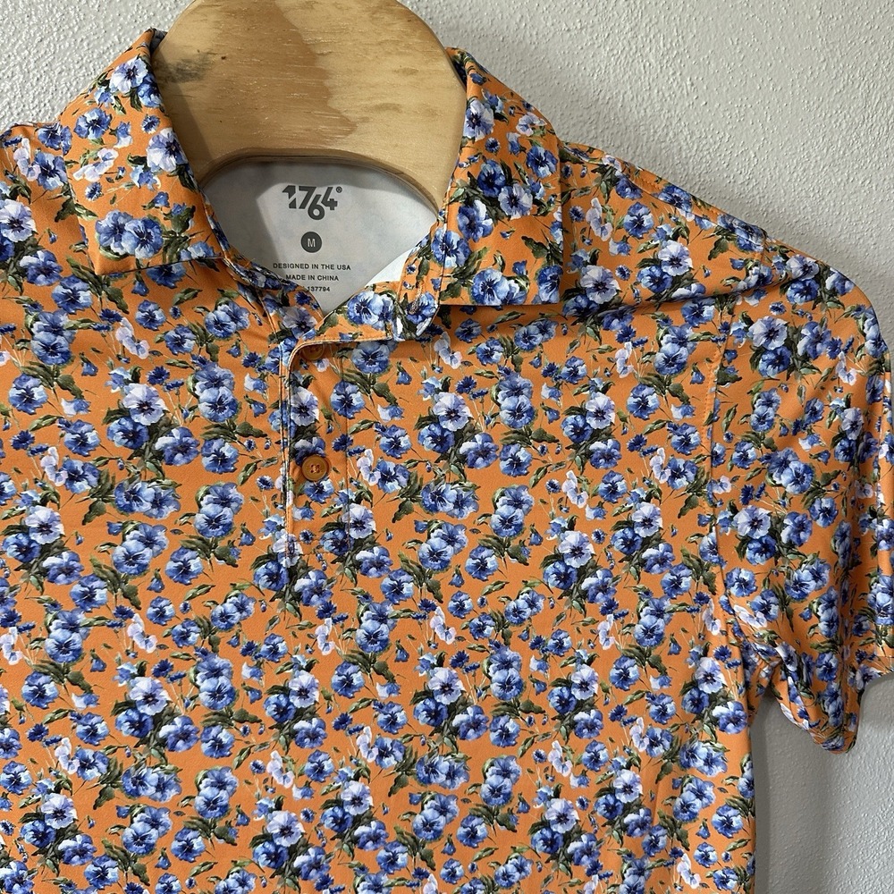 1764 Golf Yellow‎ Blue Floral All Over Print Performance Polo Shirt Mens Medium